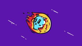 4K looped video. Stop motion animation with handdrawn doodle scull on fire. Meteor in the form of cartoon line art human skull flies endlessly in blazing flame. Collision hazard. Space death threat