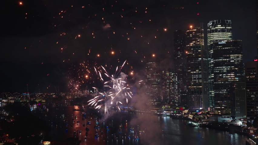 4K Bright Firework Entertainment Over Brisbane City River And Buildings For Riverfire