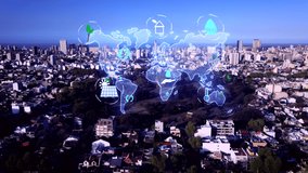 Aerial flight over park and city of Buenos Aires with digital animation symbols for climate change,global warming,renewable energy,water scarcity worldwide - Futuristic blue color motion graphic - Powered by Shutterstock - Get 15% off with code: PIKWIZARD15
