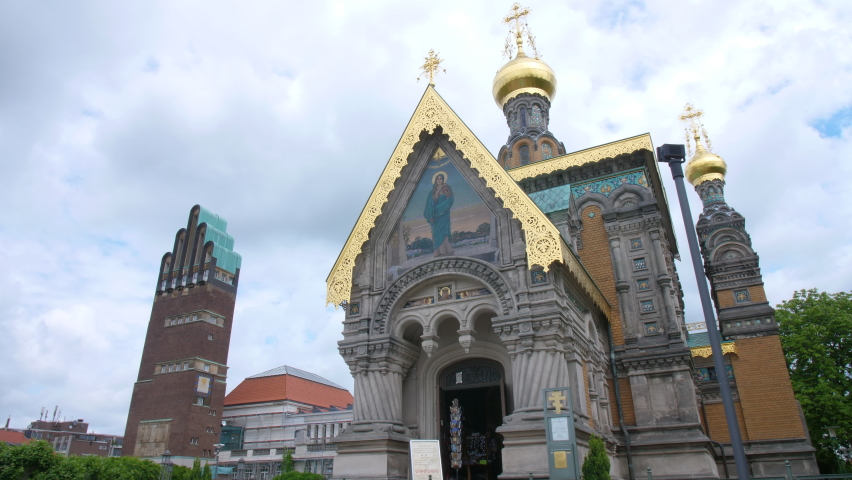 Mathildenhöhe russian orthodox chapel Darmstadt germany with Hochzeitsturm wedding tower and fountain art nouveau steady gimbal close shot 4k on a sunny day