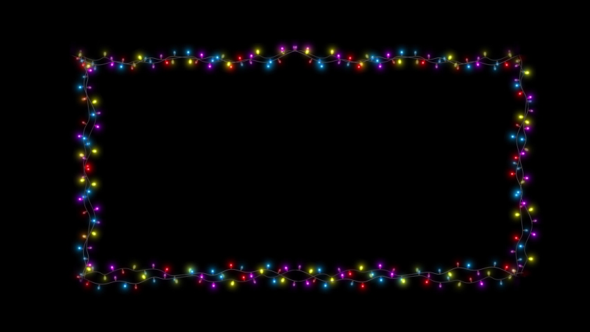 4K String of colorful light bulbs. Looping Christmas holiday themed frame pattern glowing lights. party, Christmas or new year, festival, Anniversary, Celebration, Happy Birthday. 3D Illustration