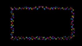 4K String of colorful light bulbs. Looping Christmas holiday themed frame pattern glowing lights. party, Christmas or new year, festival, Anniversary, Celebration, Happy Birthday. 3D Illustration