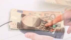 Animation of euro currency banknotes over caucasian woman using payment terminal. Global business, finance and data processing concept digitally generated video. - Powered by Shutterstock - Get 15% off with code: PIKWIZARD15