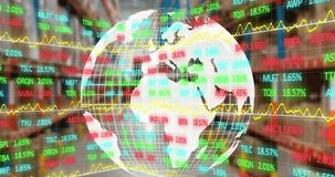 Animation of financial data processing over globe and warehouse. Global business, finance and data processing concept digitally generated video.