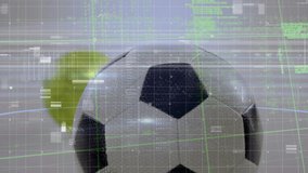 Animation of data processing over football. Global sport and digital interface concept digitally generated video.