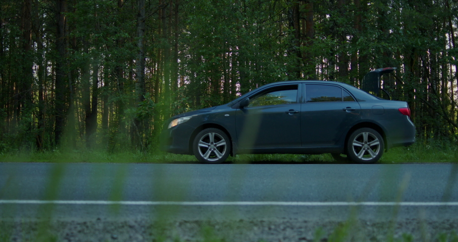 The car stalled on the road, a girl in a short sundress gets out of the car to stop the car, she raises her hand so that someone stops.
