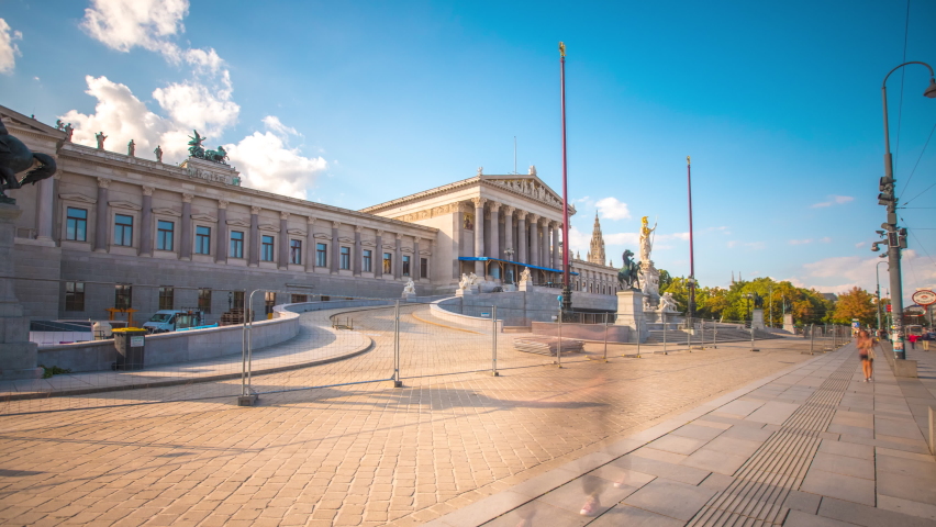 Moving timelapse Hyperlapse of Vienna Parliament Wien austria city.