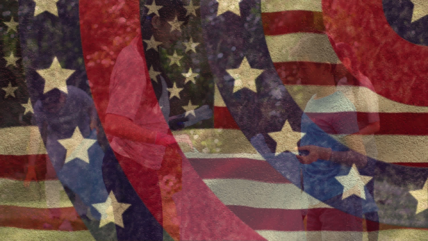 Animation of circles with flag of usa over asian family. Patriotism and politics concept digitally generated video.