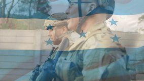 Animation of flag of honduras over caucasian male soldiers. Global patriotism and digital interface concept digitally generated video. - Powered by Shutterstock - Get 15% off with code: PIKWIZARD15