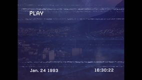 Animation of vhs glitch effect over network of connections against aerial view of cityscape. Global networking and business technology concept - Powered by Shutterstock - Get 15% off with code: PIKWIZARD15