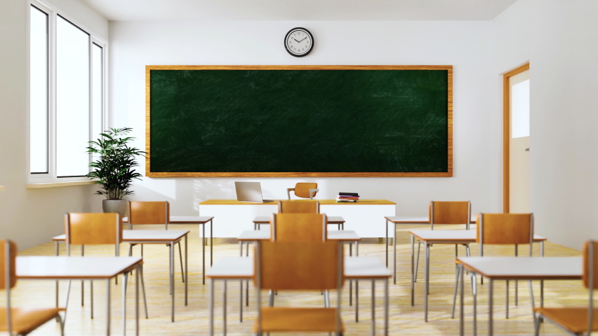 Dolly zooms into the chalkboard a high school classroom with no student and teacher because of home isolation or holiday. Education interior architecture and self-learning concept background. Royalty-Free Stock Footage #1094459349