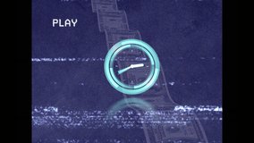 Animation of vhs glitch effect over neon ticking clock and us dollar bills against blue background. Computer interface and business technology concept - Powered by Shutterstock - Get 15% off with code: PIKWIZARD15