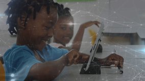 Animation of network of connections over african american boy using digital tablet at school. School and education technology concept