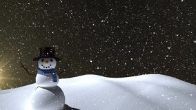 Animation of falling snow over snowman and winter scenery. Christmas, tradition and celebration concept digitally generated video.