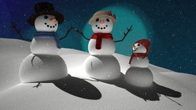 Animation of falling snow over family of snowmen and winter scenery. Christmas, tradition and celebration concept digitally generated video.