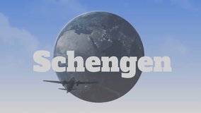 Animation of globe and schengen text over ue flag. Global financial and data processing concept digitally generated video.