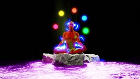 Human meditating in lotus position. On the rocks in the middle of the beach glow. Colored chakras. Yoga, zen, buddhism, recovery, religion, health and wellness concept. 3d animation - Powered by Shutterstock - Get 15% off with code: PIKWIZARD15