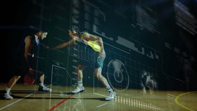 Animation of digital data processing over basketball players. Global data processing and business concept digital generated video.