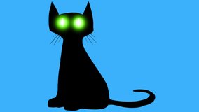 A Mystical black cat with green shining eyes on a blue screen. Animation of a disgruntled cat waving its tail in different directions. Stock video of the Halloween animal to add to the clip.