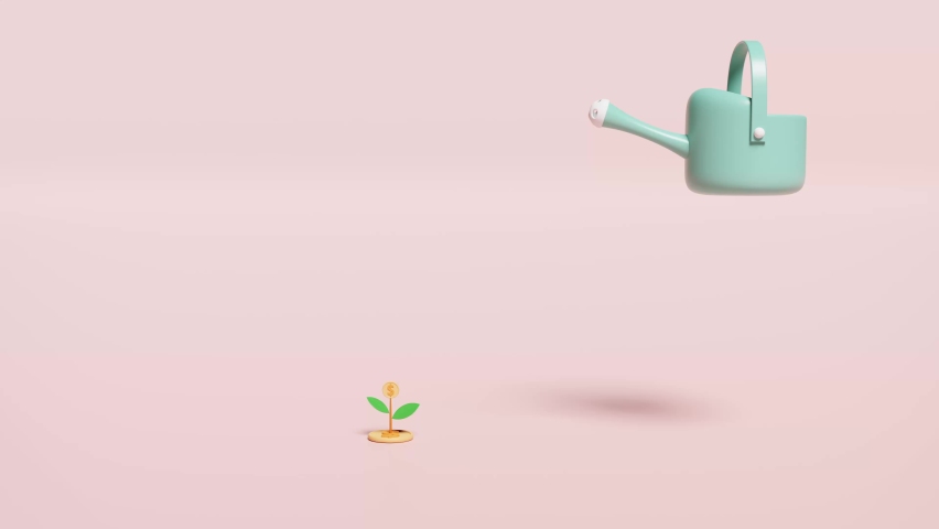 3d green watering can with money dollar coins stack plant isolated on pink pastel background. financial success and growth or saving money concept, 3d animation, alpha Royalty-Free Stock Footage #1094478723