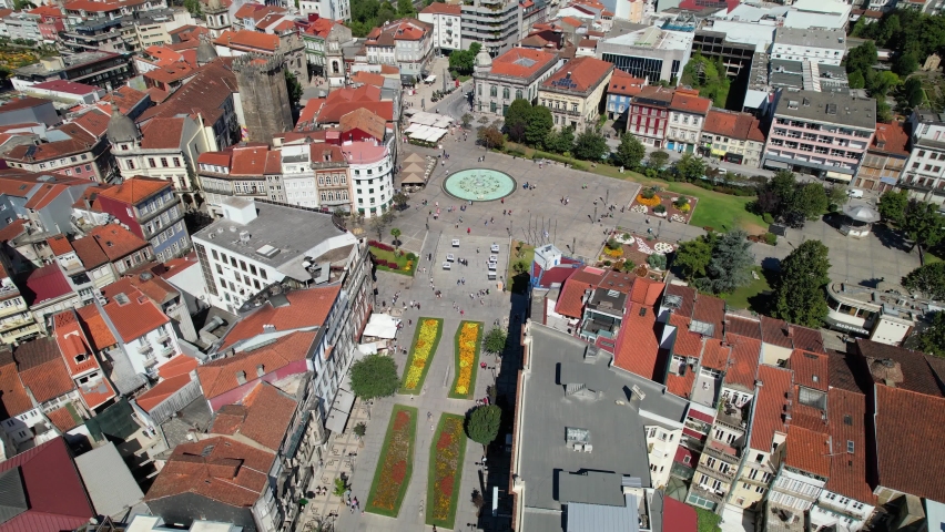  Aerial drone view of the Praca da Republica in the historical center of Braga, Portugal