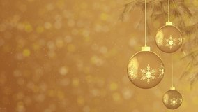 Christmas Golden Baubles hanging decorations ornament And Snowflakes loop Background. Festive Christmas, New Year Background. festive greeting Christmas composition. Gifts, fir tree. 3D Illustration - Powered by Shutterstock - Get 15% off with code: PIKWIZARD15