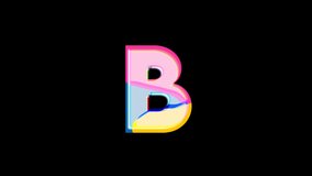animation of 2d letter B multi color blue, purple, pink and yellow on black background, video with alpha channel
