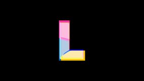 animation of 2d letter L multi color blue, purple, pink and yellow on black background, video with alpha channel

