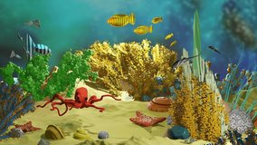 Underwater world cartoon. Sea life with coral reef, red octopus and swimming fish. 4K loop video animation 3D render.