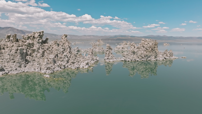 Splendid fortified tufa citadels miraculously emerged from the Mono Lake. Drone footage of unique, beautiful environment with majestic limestone towers. High quality 4k footage