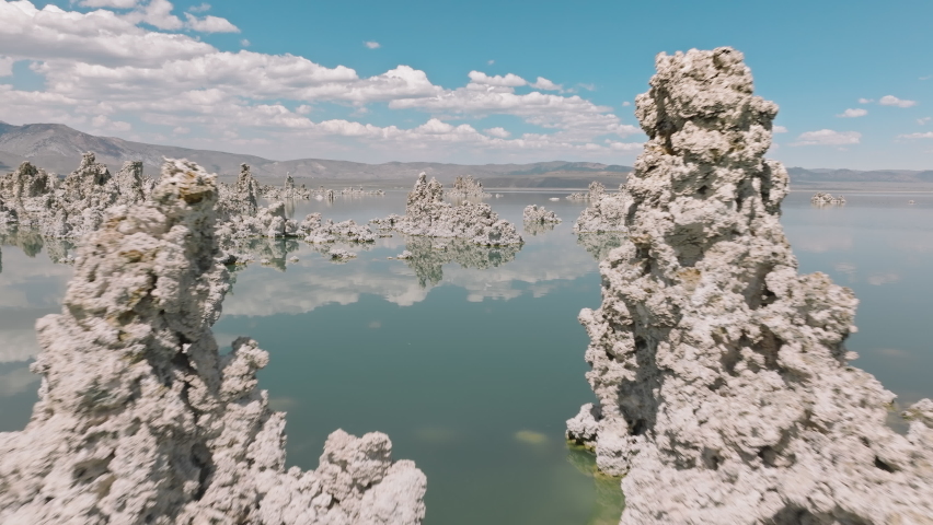 Splendid fortified tufa citadels miraculously emerged from the Mono Lake. Drone footage of unique, beautiful environment with majestic limestone towers. High quality 4k footage