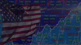 Animation of stock market and data processing over flag of usa on blue background. Global business, finances and digital interface concept digitally generated video.