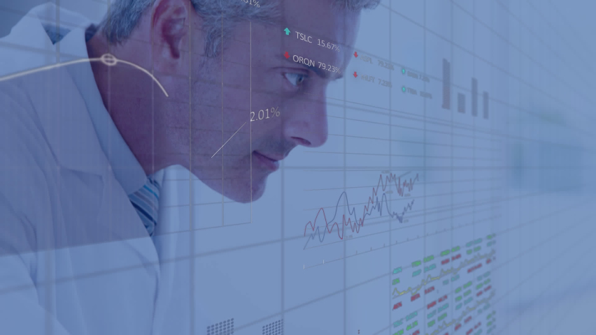 Animation of data processing over cucasian male doctor. Global medicine, science and digital interface concept digitally generated video.
