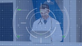 Animation of scope scanning over diverse doctors. Global medicine, science and digital interface concept digitally generated video.