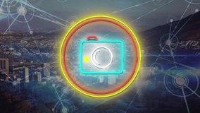 Animation of network of connections over cityscape and camera icon. Global business and digital interface concept digitally generated video. - Powered by Shutterstock - Get 15% off with code: PIKWIZARD15