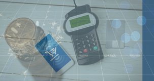 Animation of financial data processing over smartphone and payment terminal. Global business, finance, online payment and data processing concept digitally generated video. - Powered by Shutterstock - Get 15% off with code: PIKWIZARD15