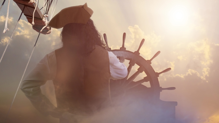 funny the pirate captain traveler  discoverer and explorer on the vintage pirate ship Royalty-Free Stock Footage #1094496133