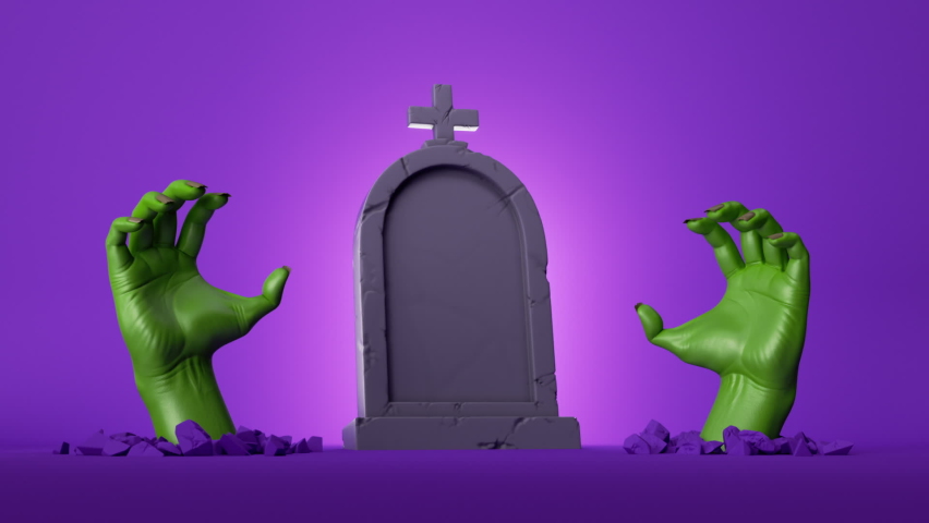 halloween 3d animation, zombie green hands with wiggling fingers in front of the blank gravestone, isolated on purple background