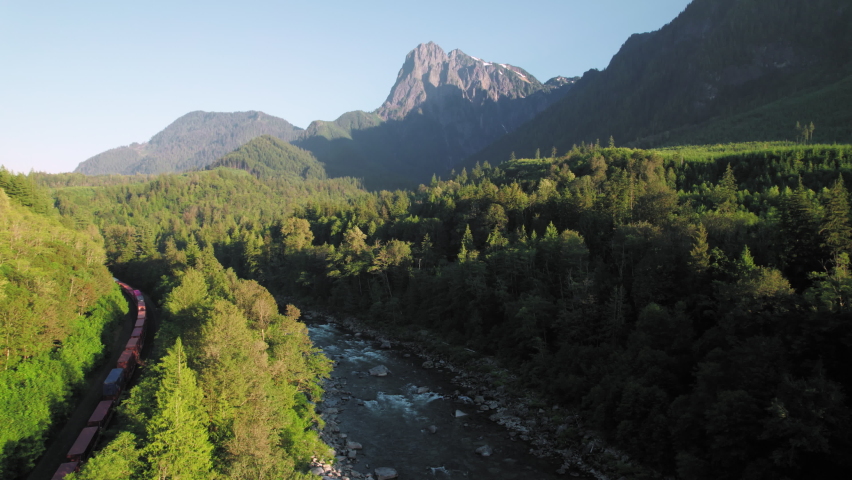 Washington Transport Train by Mountain River Railroad Aerial View