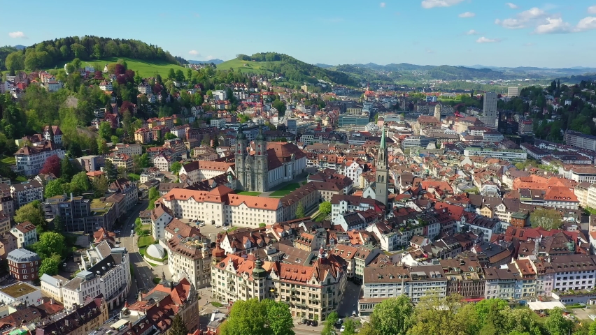 Aerial drone footage of the famous Saint Gallen historic old town with it famous Abbey of Saint Gall, now a cathedral, in Switzerland. Shot with a tilt down motion. 