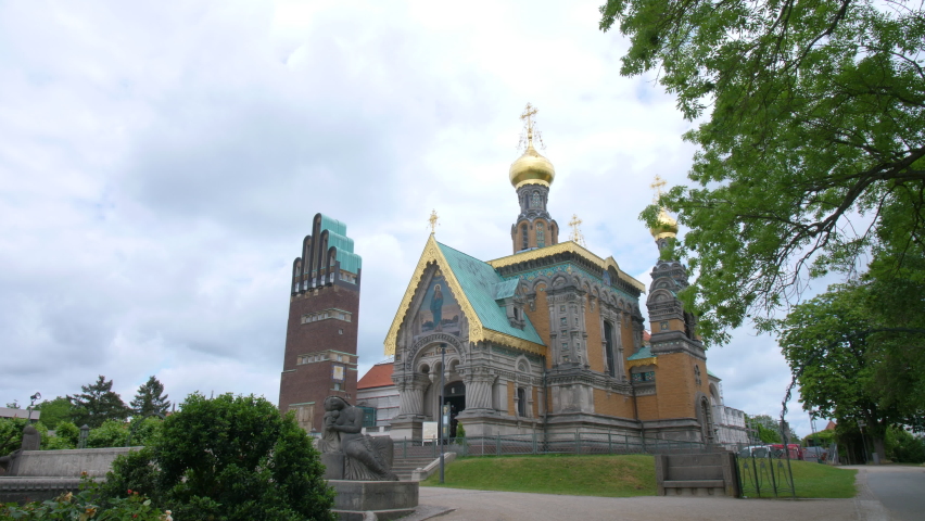 Mathildenhoehe russian orthodox chapel Darmstadt with Hochzeitsturm wedding tower art nouveau steady gimbal close shot 4k on a sunny day