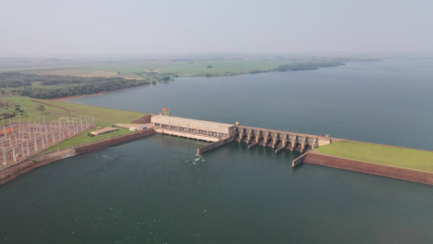 drone view of hydroelectric power plant on paranapanema river, artificial lake, transmission station, Brazil