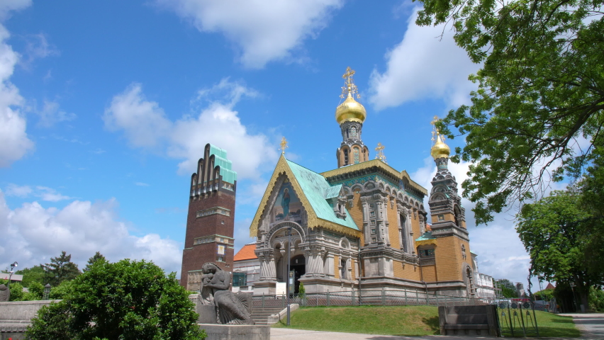 Mathildenhoehe russian orthodox chapel Darmstadt with Hochzeitsturm wedding tower art nouveau steady push in out gimbal shot 4k on a sunny day