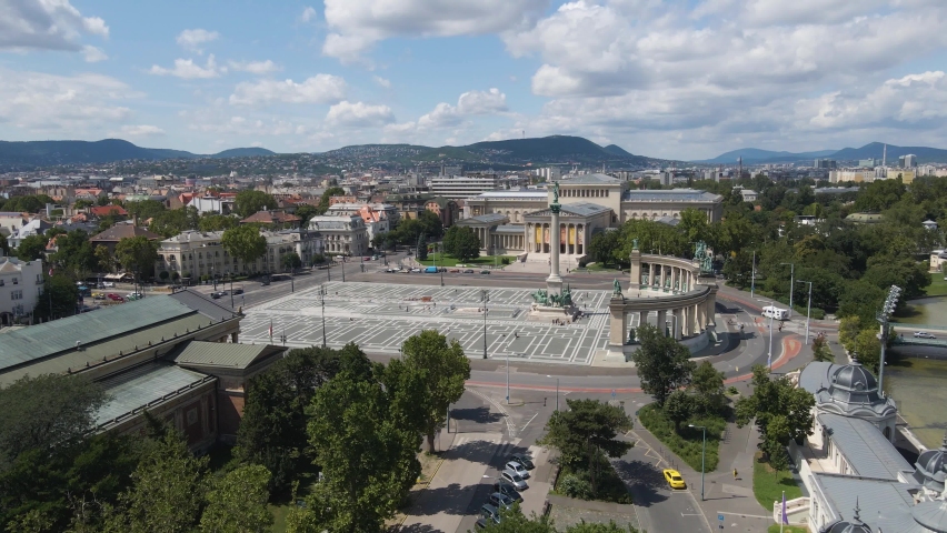 Smooth drone shot of the Millennium Monument located in Budapest Hungary