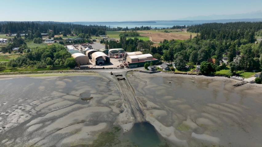 Aerial view of a boat building site on Whidbey Island in Washington State.