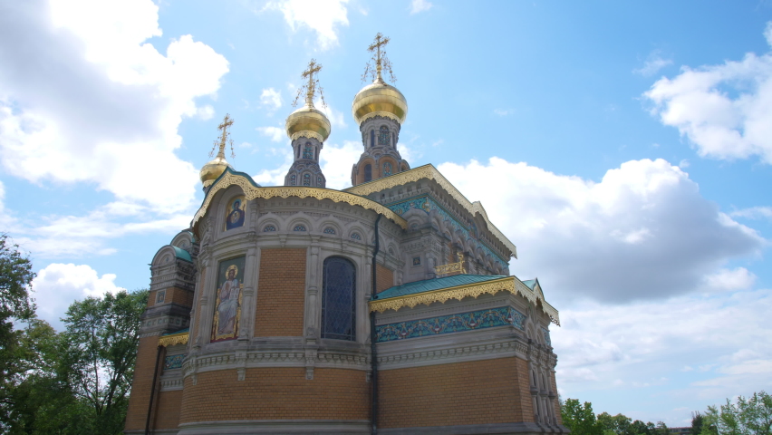 Mathildenhoehe russian orthodox chapel Darmstadt sideways art nouveau steady gimbal shot 4k on a sunny day