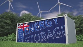 Flag of Australia and ENERGY STORAGE text on a battery container at wind turbines, 3d animation - Powered by Shutterstock - Get 15% off with code: PIKWIZARD15