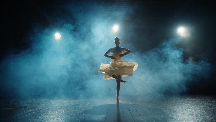 Graceful ballerina dances in light flowing dress on stage in pointlight in stage smoke. Ballet dancer performs dance elements of classical ballet Royalty-Free Stock Footage #1094510921