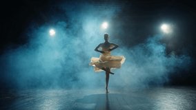 Graceful ballerina dances in light flowing dress on stage in pointlight in stage smoke. Ballet dancer performs dance elements of classical ballet - Powered by Shutterstock - Get 15% off with code: PIKWIZARD15