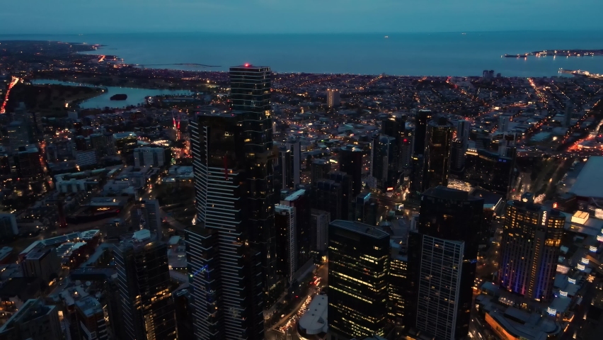 Aerial drone view of Melbourne City, Victoria, Australia in the very early morning at dawn 